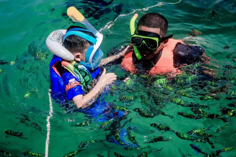 Feeding fish with children