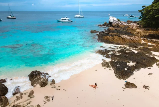 Aerial view of Lah Bay Racha Island, a popular snorkeling and diving area with coral reef