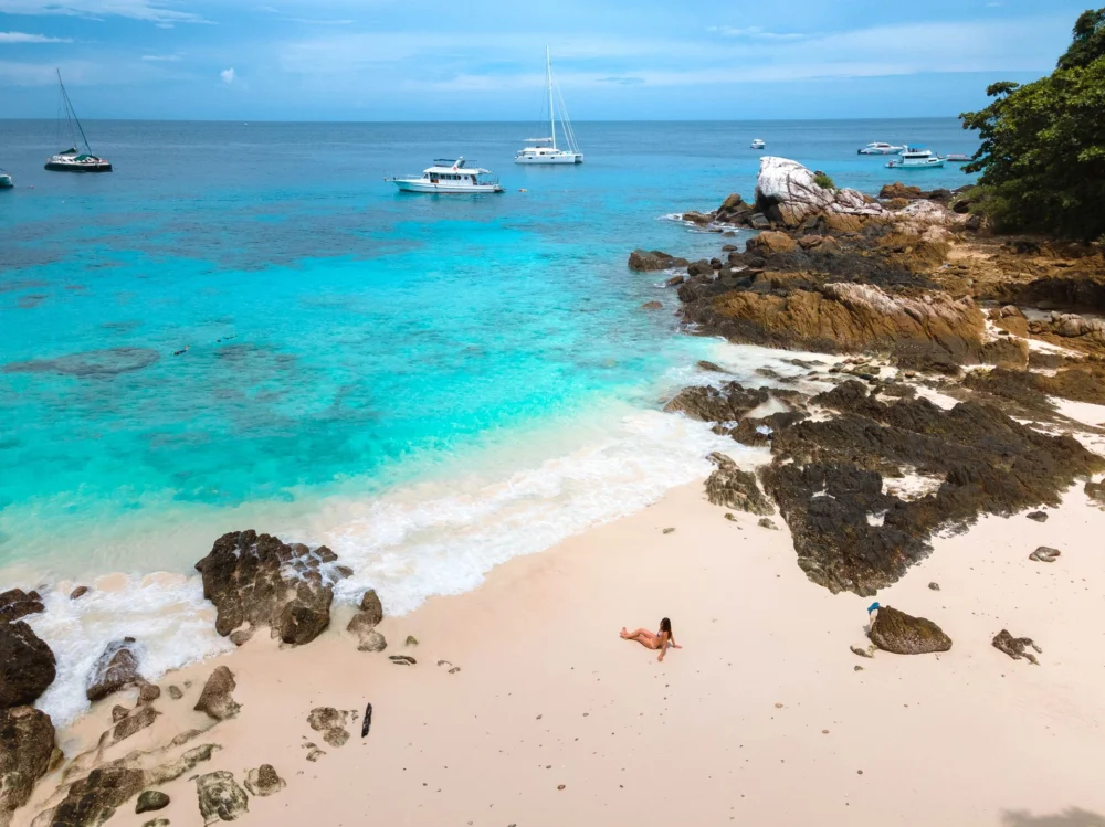 Aerial view of Lah Bay Racha Island, a popular snorkeling and diving area with coral reef