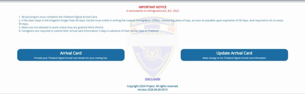 Official Thailand Digital Arrival Card homepage with Arrival Card and Update Arrival Card options
