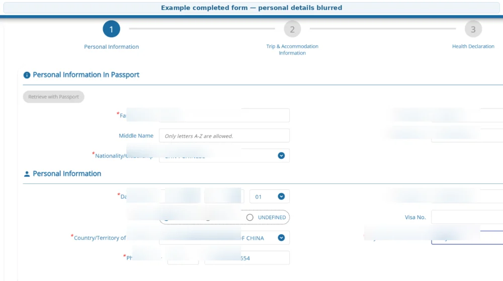 Completed TDAC personal information example with private details hidden