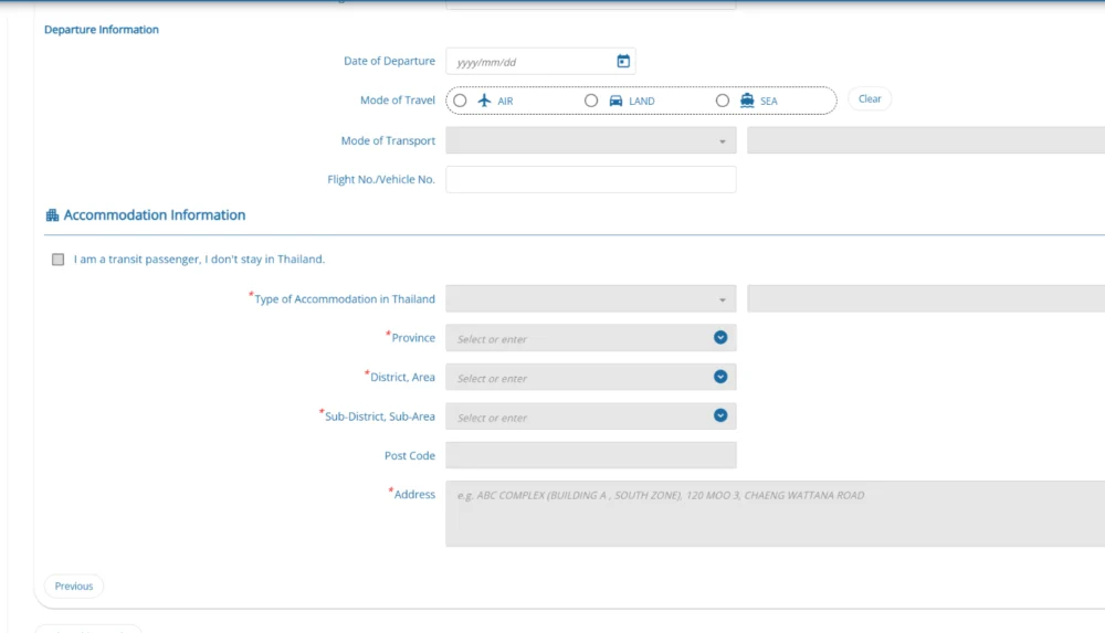 Blank TDAC accommodation information form for a hotel in Thailand