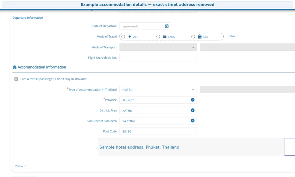 Example TDAC accommodation information for a hotel in Phuket