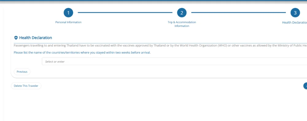 Blank TDAC health declaration asking for countries visited before arrival