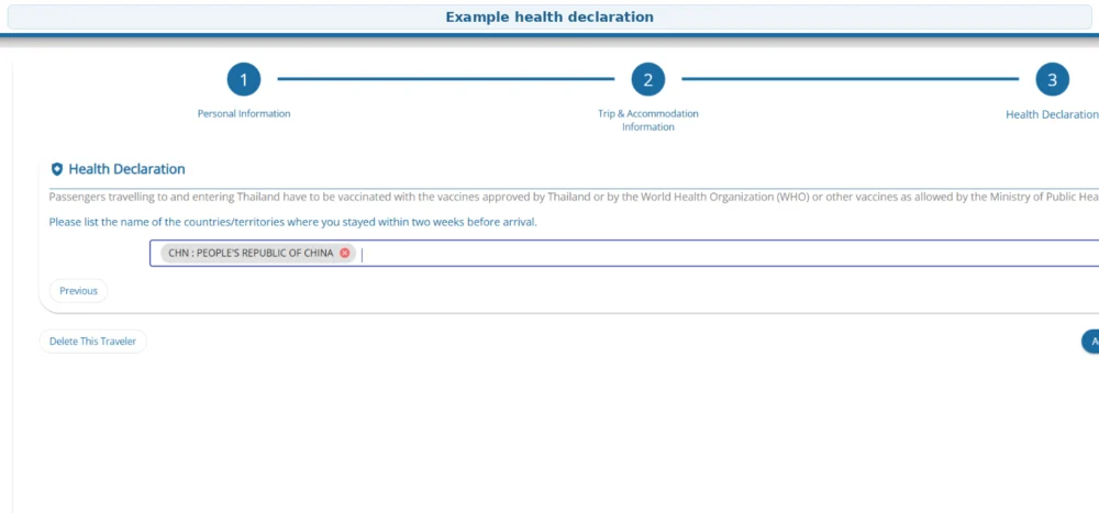 Completed example of the TDAC health declaration section