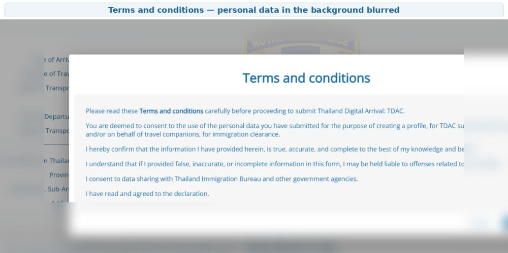 TDAC terms and conditions displayed before submission