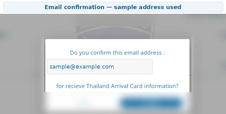 TDAC email confirmation window using a sample email address