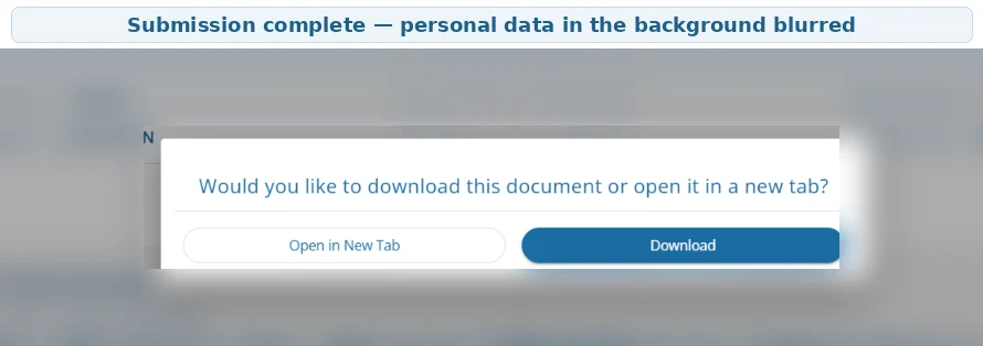 Successful TDAC submission with options to download or open the document