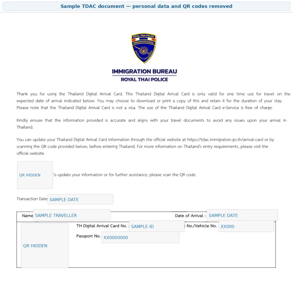 Sample Thailand Digital Arrival Card document with private information and QR codes removed