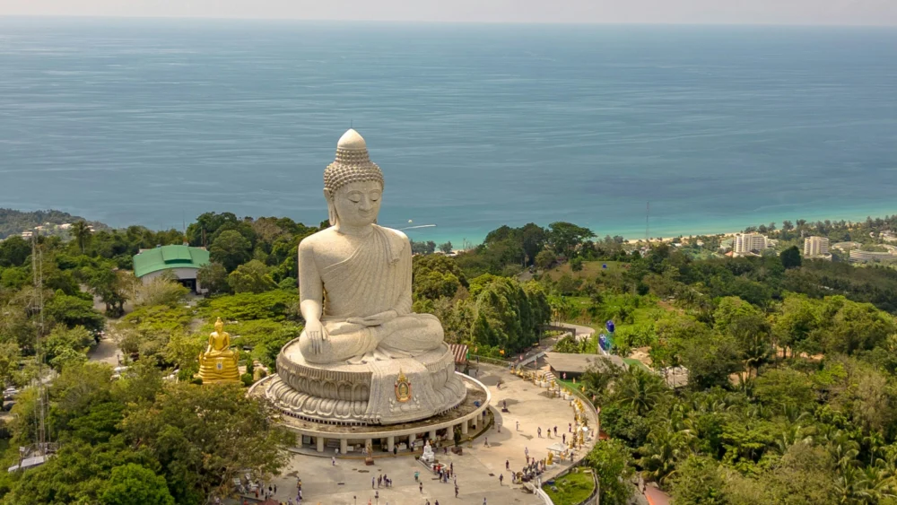 Front view of the monumental white Big Buddha statue in Phuket