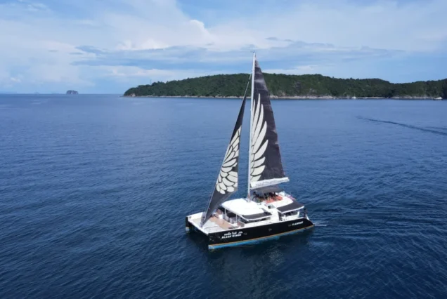 Black Wing Catamaran aerial sailing view in Phuket