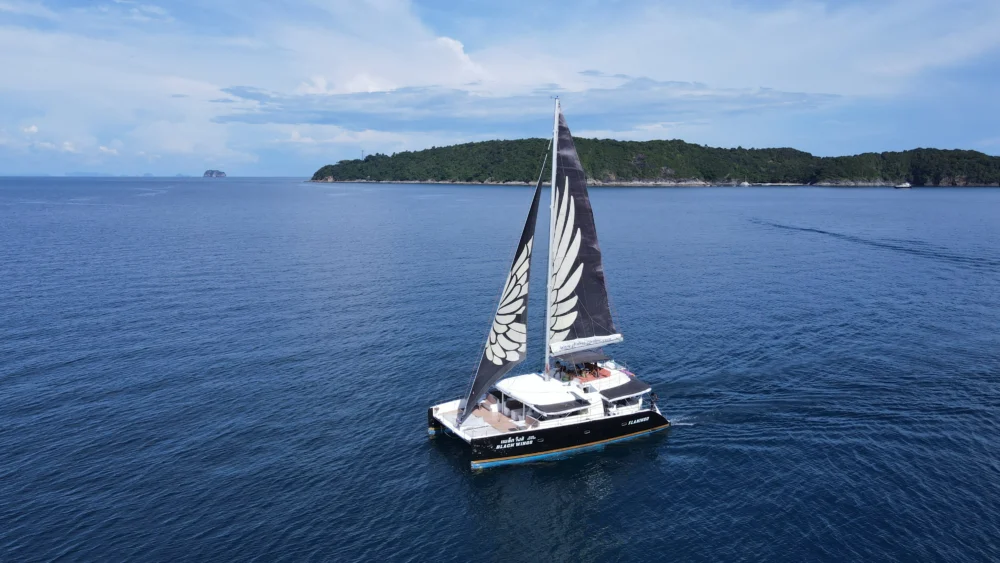 Black Wing Catamaran aerial sailing view in Phuket