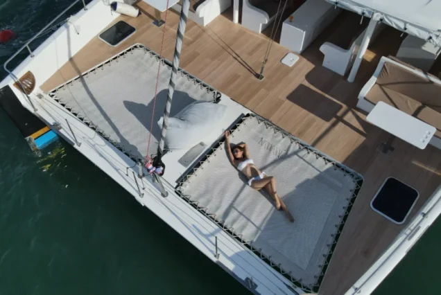 Black Wing Catamaran front trampoline area with sea view