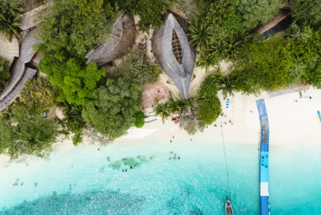 Coral Island Banana Beach aerial view with floating bridge