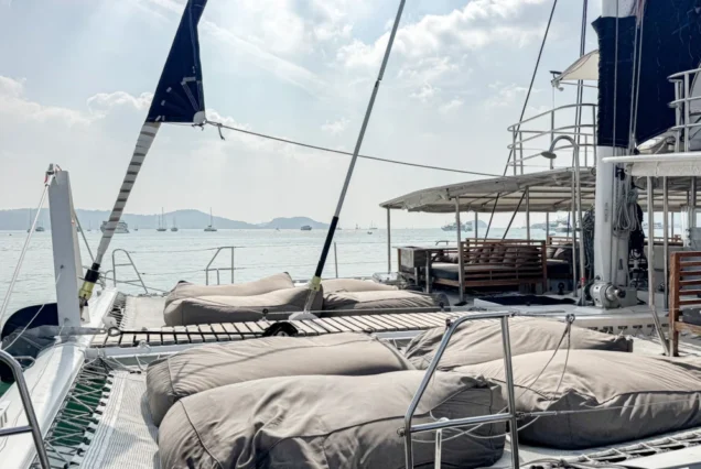 Spacious forward lounge above the Noah Catamaran trampoline