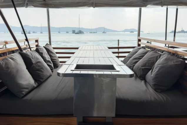 Comfortable group sofa seating aboard Noah Catamaran