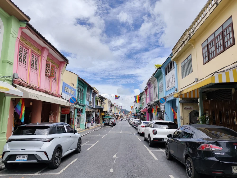 Colorful heritage buildings on Thalang Road in Phuket Old Town for a family city tour