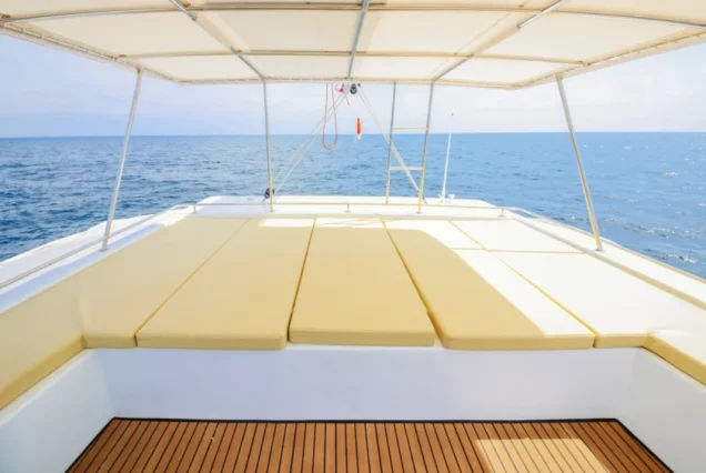 Second floor sofa area on Silver Catamaran for relaxing sea views