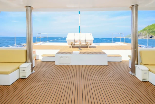 Spacious indoor sofa seating area on Silver Catamaran