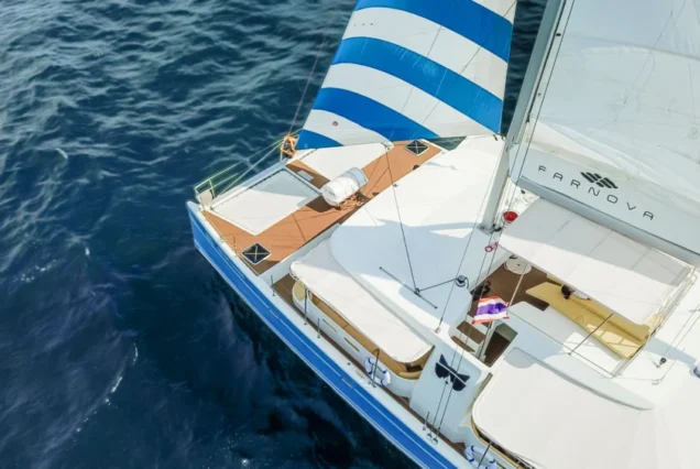 Aerial view of Silver Catamaran side profile during Phuket tour