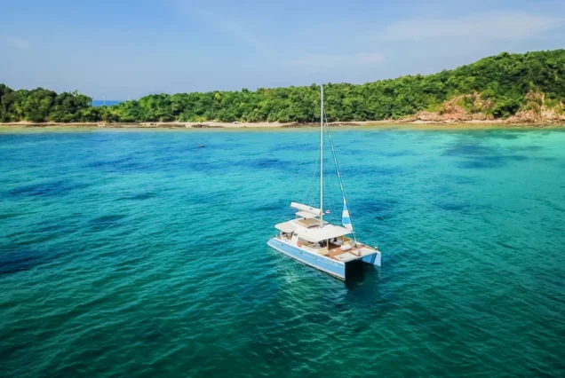 Aerial view of Silver Catamaran sailing on the sea in Phuket