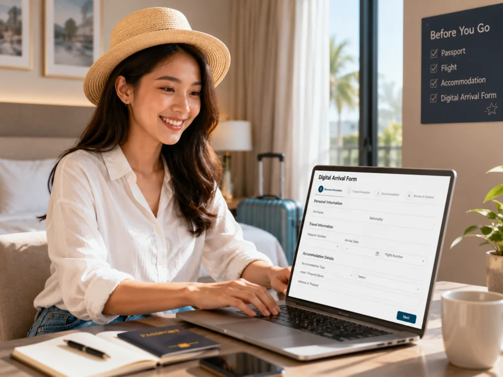 Traveller completing a digital arrival form on a laptop before visiting Thailand