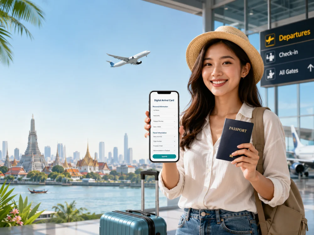 Traveller preparing the Thailand Digital Arrival Card before flying to Thailand