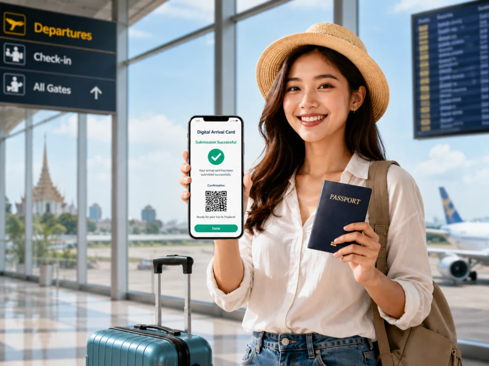 Traveller holding a successful digital arrival card confirmation at the airport