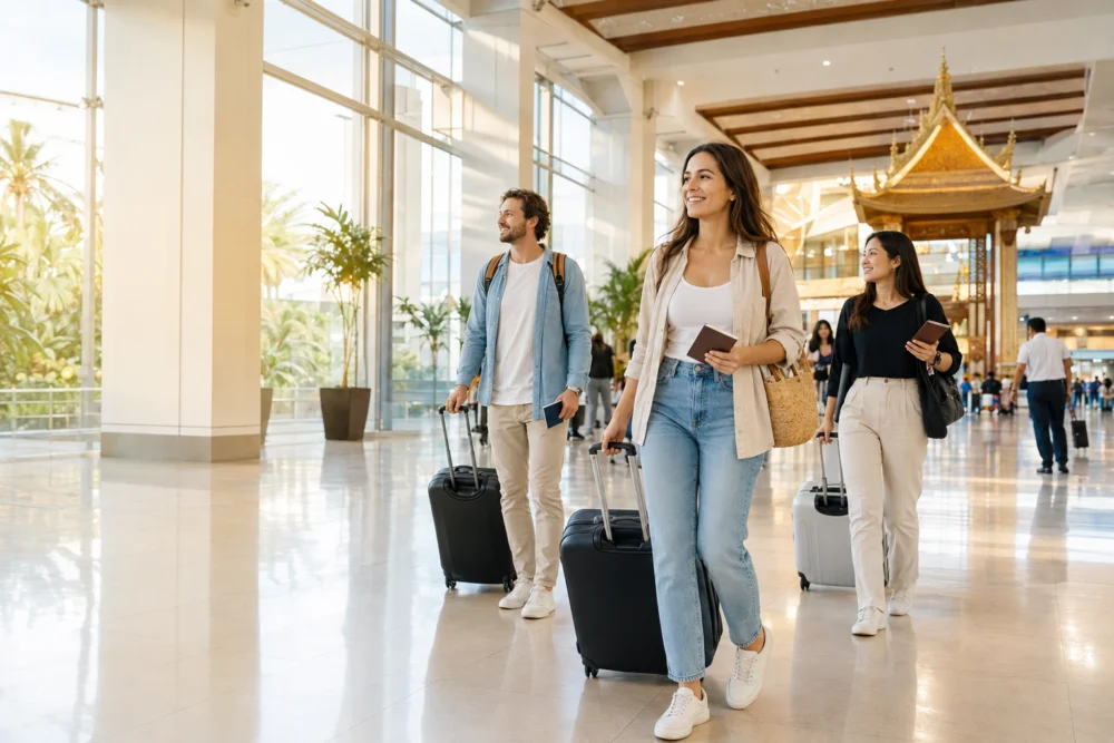 International travellers arriving at an airport in Thailand