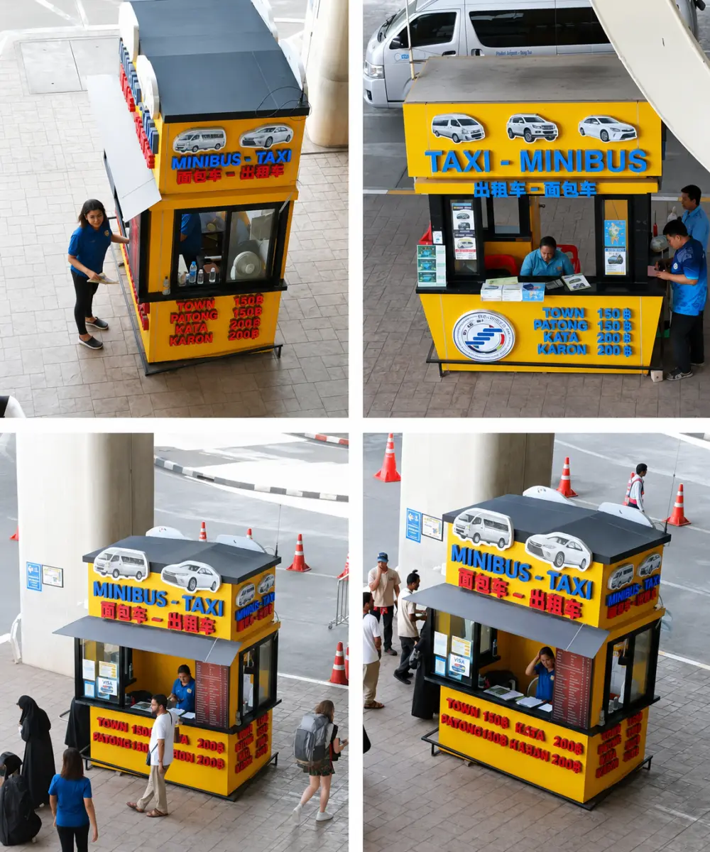Airport minibus and taxi service kiosks outside Phuket International Airport