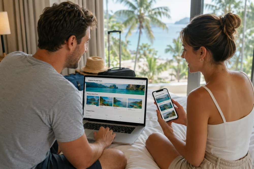 Travellers comparing and booking Phuket island tours through an online website