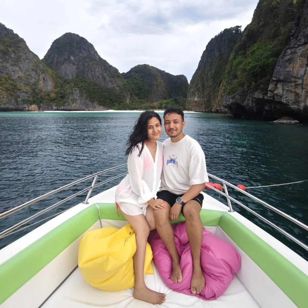 Travellers sitting together on a speedboat in Pileh Lagoon
