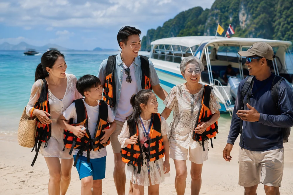 Happy multigenerational family enjoying a Phuket island trip with a local guide