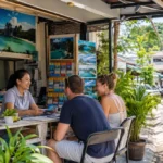 Travellers speaking with a local roadside tour kiosk agent in Phuket