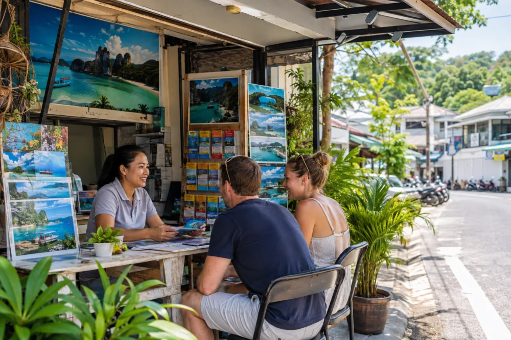 Travellers speaking with a local roadside tour kiosk agent in Phuket