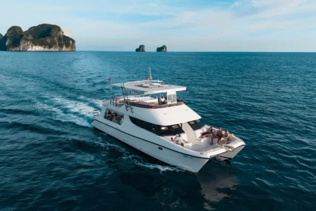 Second aerial view of Moonlight Luxury Catamaran in clear Andaman waters