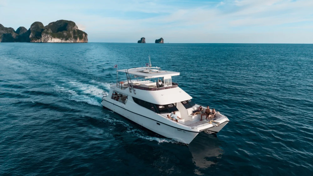 Double-deck Moonlight Catamaran photographed from above on the Andaman Sea