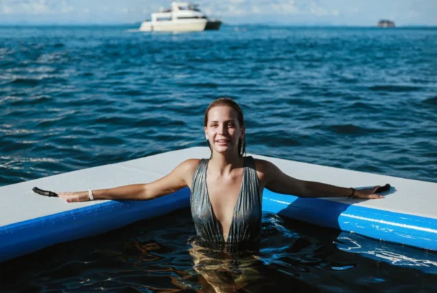 Floating swimming pool activity near Maithon Island