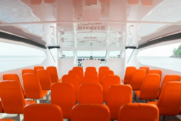 Comfortable leather seating inside Once Catamaran