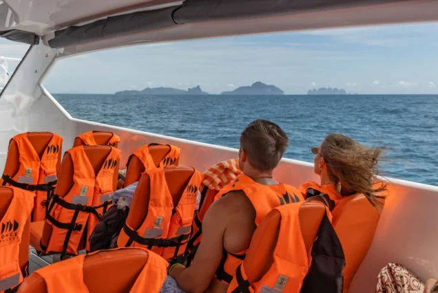 Once Catamaran interior seats and life jackets