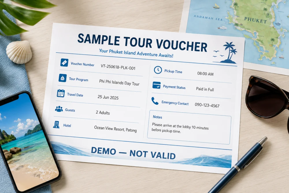 Simple sample Phuket tour booking voucher with essential confirmation details