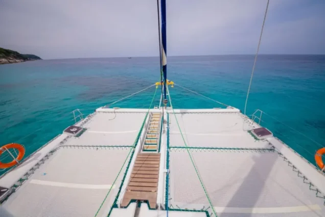 Large front trampoline net on Aquaman Catamaran