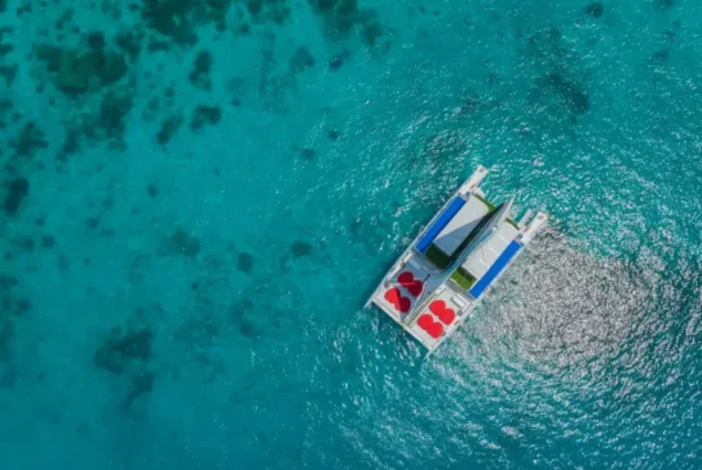 Aerial view of the spacious 74-foot Aquaman Catamaran