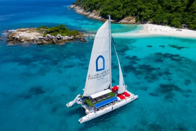 Aquaman Catamaran aerial view in tropical waters