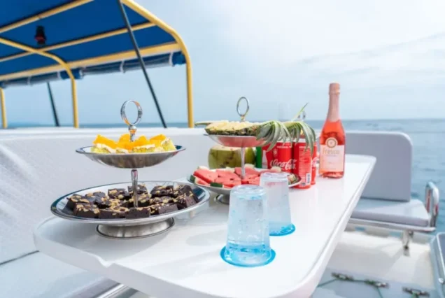Snacks and drinking water served aboard Aquaman Catamaran
