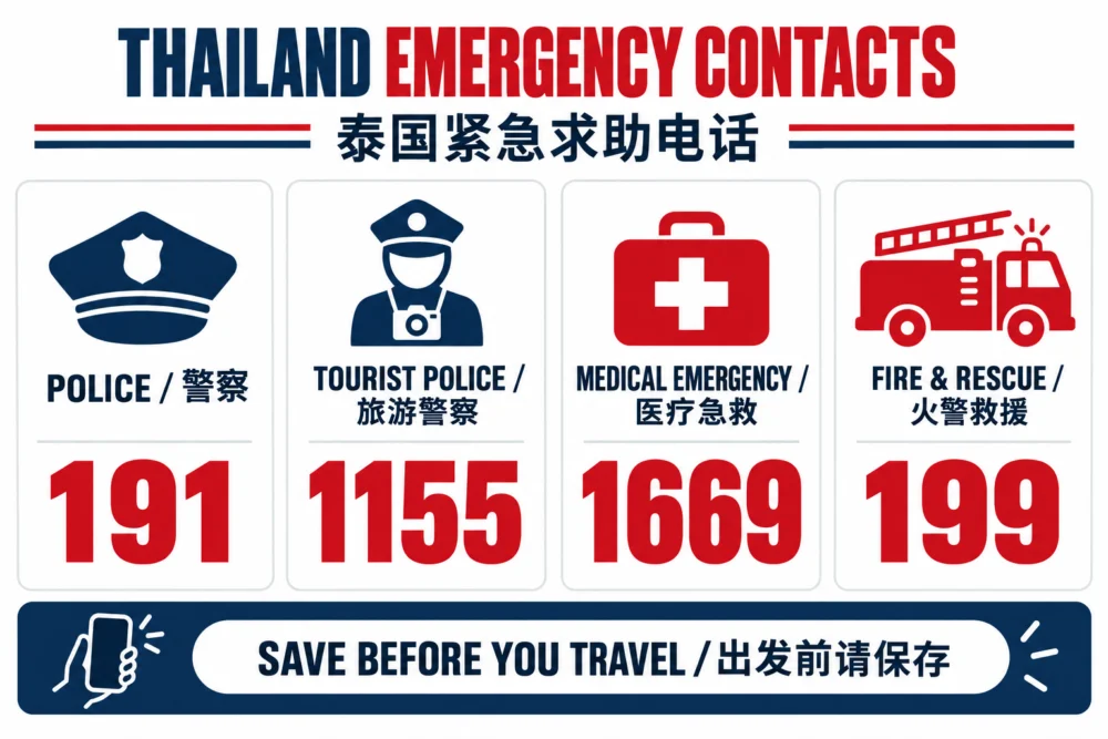 Thailand emergency contact numbers for police, Tourist Police, ambulance and fire rescue
