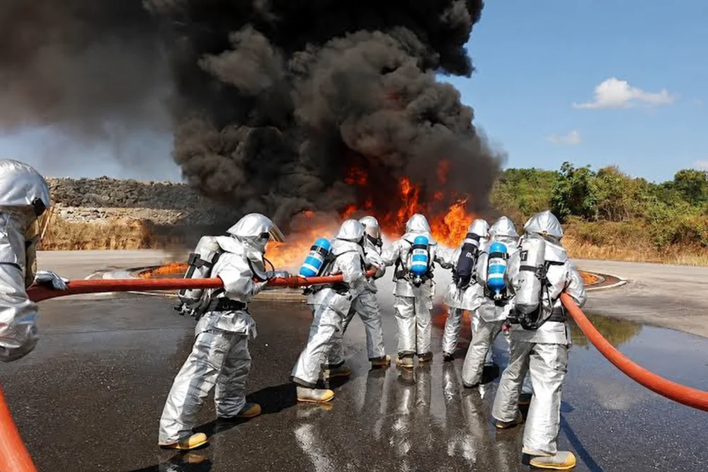 Firefighters responding to a fire emergency