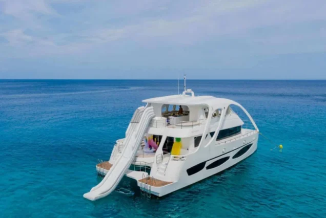 Flying Dolphins 1 yacht with its large water slide ready for guests
