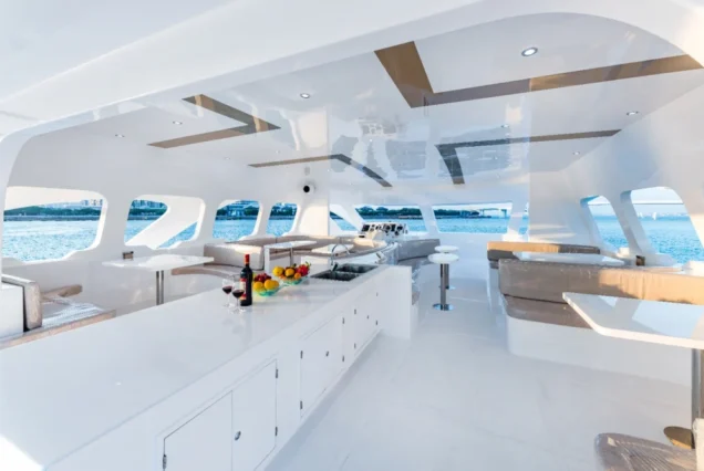 Bright white sea-view interior of Flying Dolphins 1 luxury yacht
