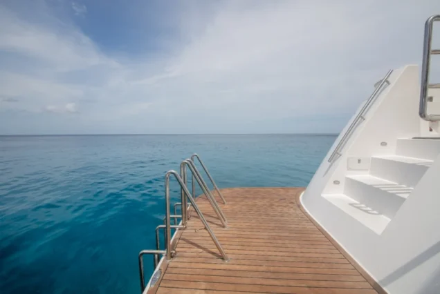 Wide rear activity and water-access platform aboard Flying Dolphins 1